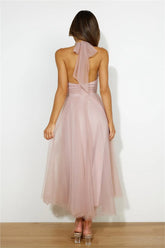 Sleeveless Lace Up Halter Neck Midi Dress Pink